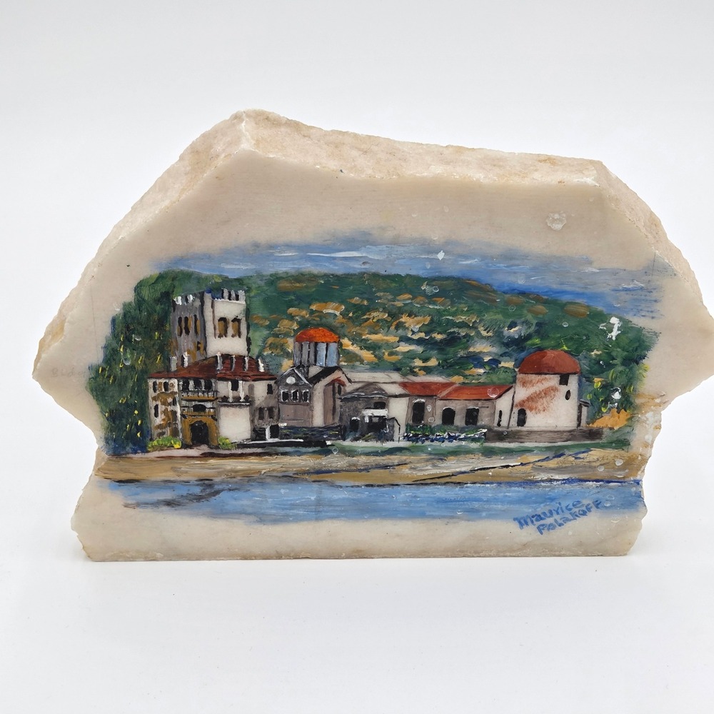 Unique‎ Hand Painted Lime Stone Slab Art Signed Maurice Polakoff Coastal Scene